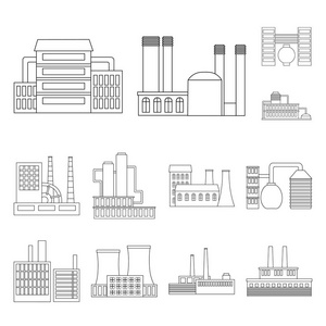 工厂和设施的轮廓图标集集合中的设计。工厂和设备矢量符号库存 web 插图
