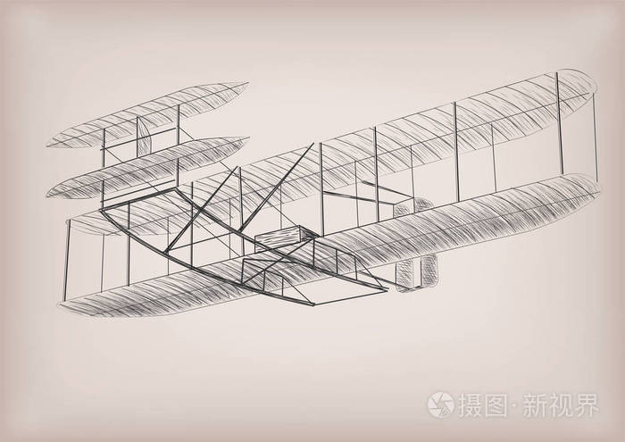 第一架飞机飞机建设图形绘制黑色线条轮廓.