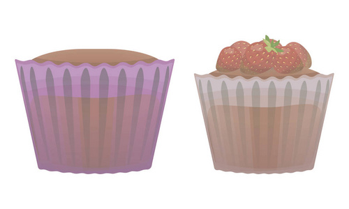 红草莓纸杯中的两种矢量甜蛋糕, 白色背景下的孤立物