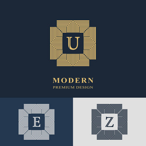 现代标志设计。几何线性会标模板。信会徽 U，E，Z.Mark 的区别。品牌名称 公司 商务卡 通用商业标志徽章。矢量图