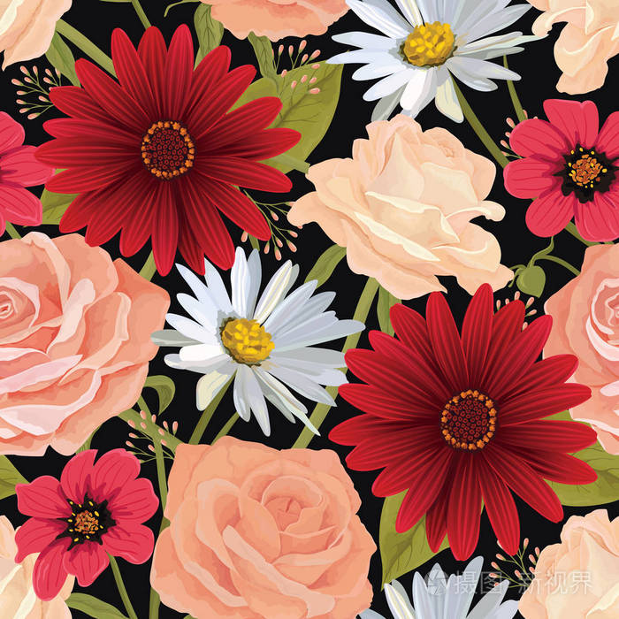 美丽无缝彩色花卉图案与玫瑰, 非洲菊, 其他的花.花矢量背景.