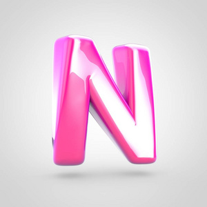 粉红色字母 N 大写。3d 渲染白色背景下的亮闪闪发亮的粉红色字体