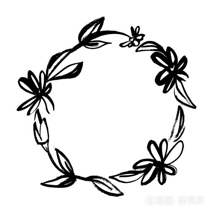 手绘草图花圈从花和叶子.图为问候卡,邀请等