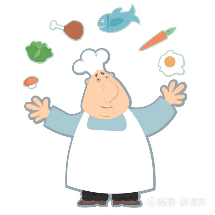拥有大量各种产品的胖厨师插画-正版商用图片0q0oay-摄图新视界