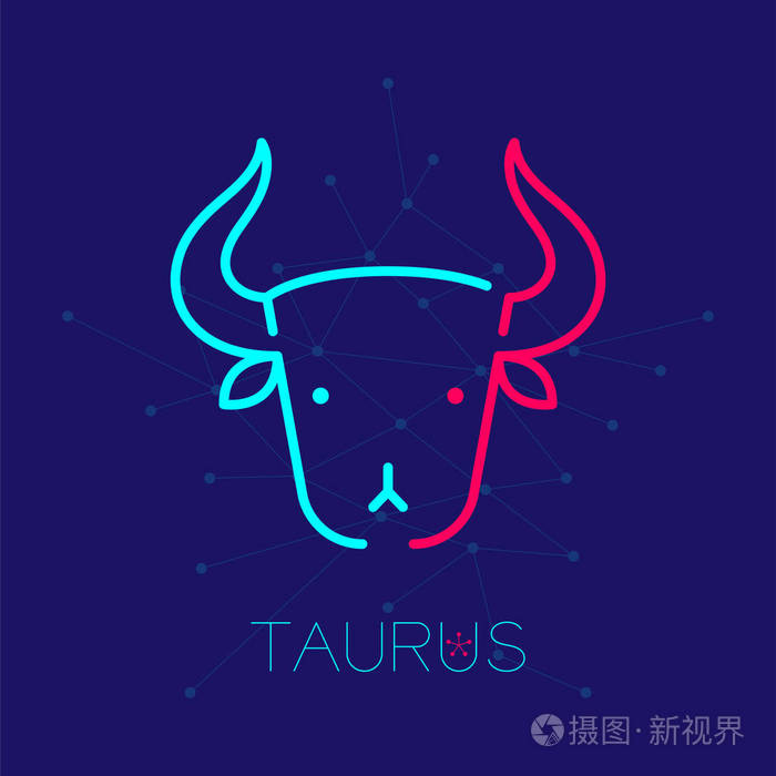 金牛星座标志图标轮廓描边设置虚线设计插图在深蓝色背景下与金牛座
