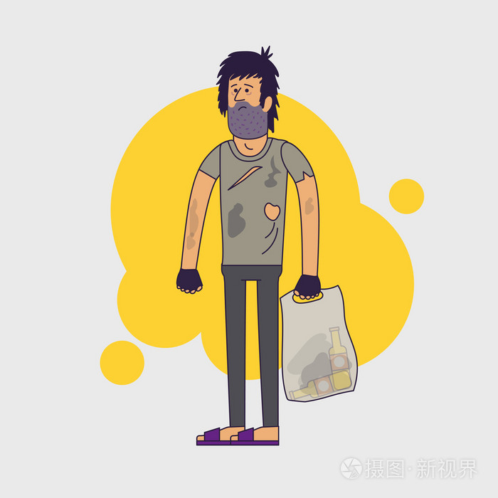 肮脏可怜的无家可归 衣衫褴褛的男人,穿着肮脏的破布,带着