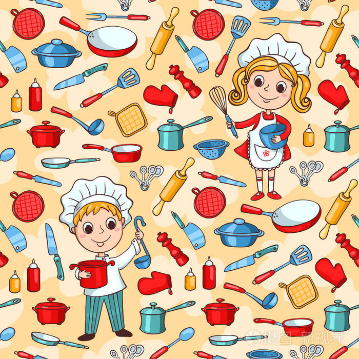 无缝模式的卡通厨房洁具和两个可爱的厨师