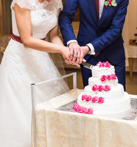 新娘和新郎削减他们的婚礼蛋糕