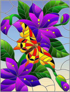 彩色玻璃插图与明亮的橙色蝴蝶和紫色的花和叶子在蓝色背景