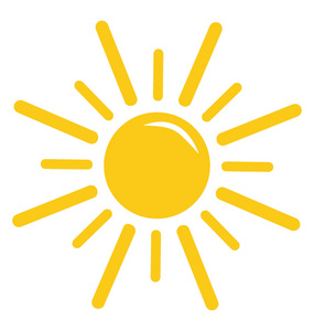 明亮的黄色太阳的动画片形状以针对性的射线, 阳光照片