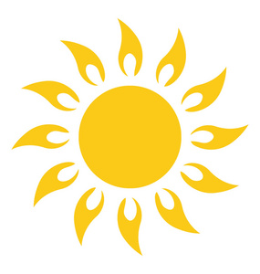 一个卡通形状的明亮的黄色太阳与火像射线, 火太阳