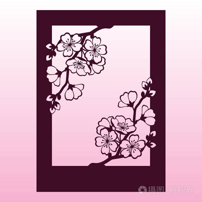 樱桃树或樱花盛开的一个分支.激光切割模板