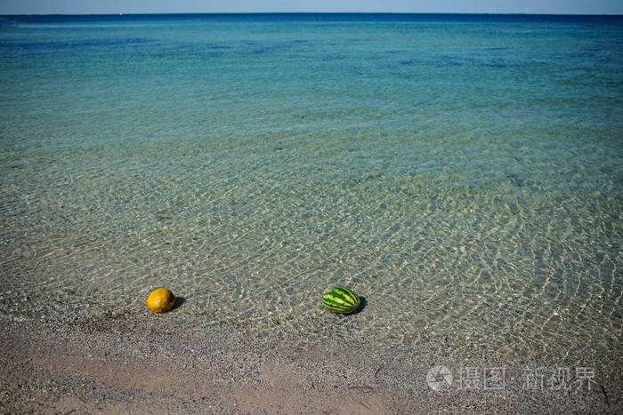 西瓜和西瓜躺在海边的水里