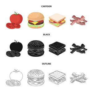 汉堡和配料卡通, 黑色, 轮廓图标在集集合为设计。汉堡烹饪矢量符号股票网页插图