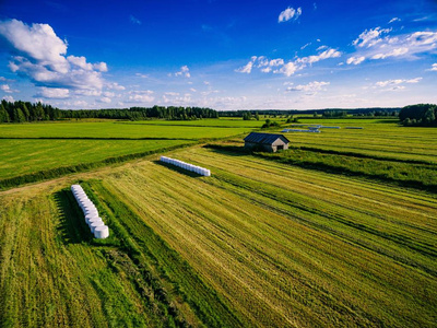 在芬兰农村, 用白色塑料的旧木谷仓和干草包的绿色田野收获的鸟瞰图。无人机摄影
