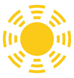 一个卡通形状的明亮的黄色和白色的太阳在圆圈形状与光线, 卡通太阳