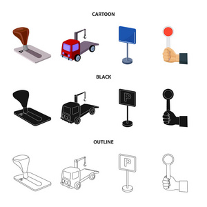传动手柄, 拖车, 停车标志, 停止信号。停车区集合图标在卡通, 黑色, 轮廓样式矢量符号股票插画网站
