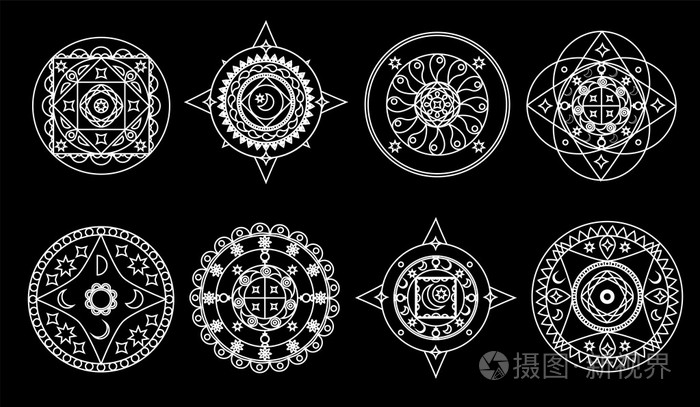 黑色背景炼金术士曼陀罗v上的一组白色曼陀罗