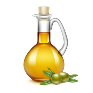 橄榄油玻璃水罐投手罐瓶橄榄树枝和树叶
