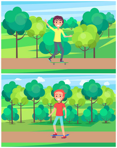 小男孩在绿色公园滑冰与树载体