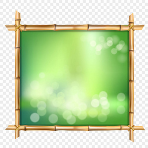 方形棕竹条边框框绿色模糊散景背景和孤立的白色圆圈的矢量图解。抽象概念热带广告牌剪贴画与复制空间
