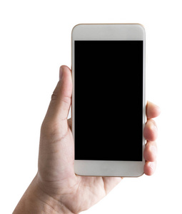 孤立的手拿着一个带白色的智能手机屏幕手机