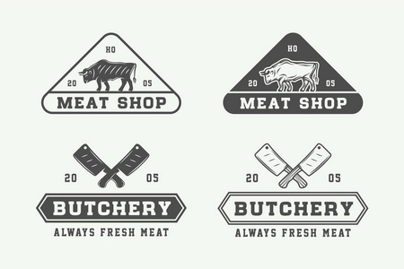 老式屠宰肉 牛排或烧烤的标识 标志 徽章 标签集。平面视角艺术。矢量图