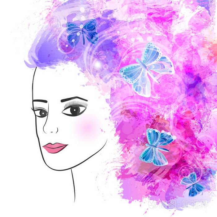 她头发上有花的抽象女孩.向量