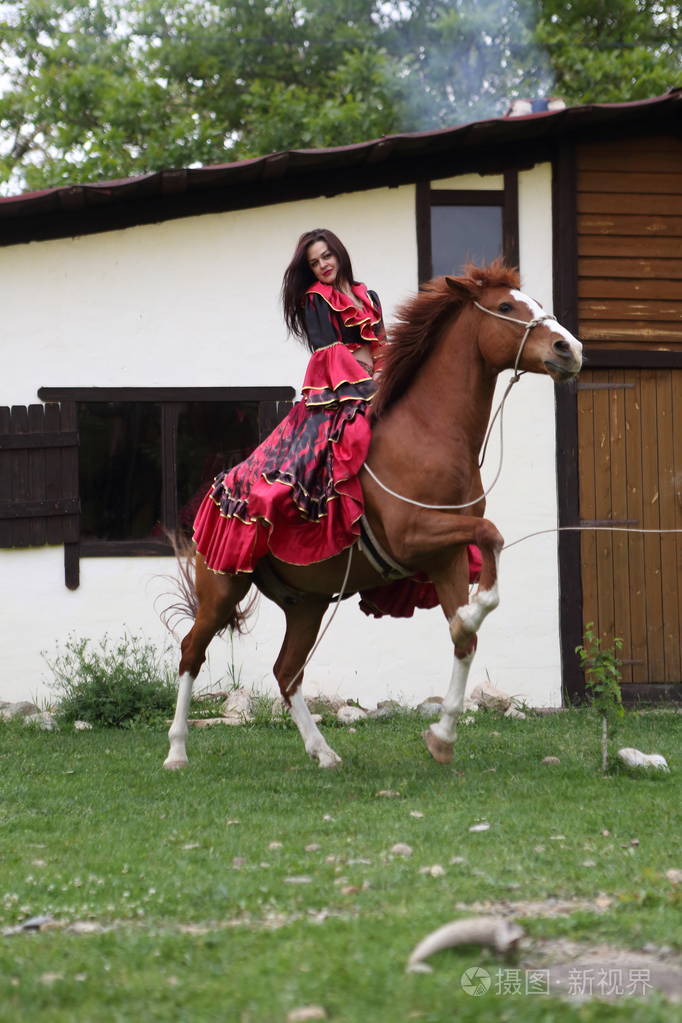 美丽的吉普赛在明亮的衣裳在马