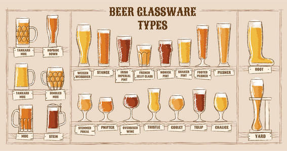 啤酒种类。啤酒种类的视觉指南。推荐眼镜中的各类啤酒