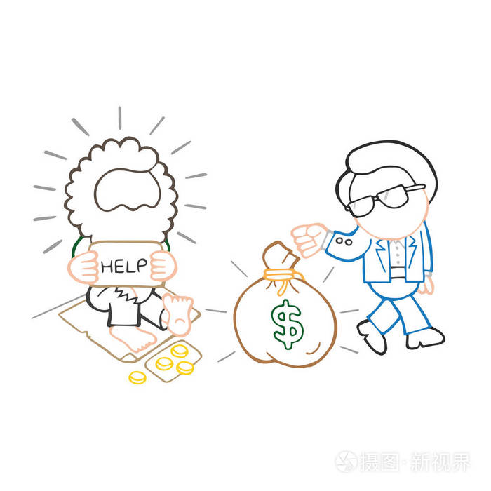 矢量手绘卡通插图富人给钱袋无家可归的人行道上和无家可归的人感到