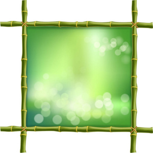 正方形绿色竹茎边框框架的矢量插图, 模糊散景背景和在白色孤立的模糊白色圆圈。抽象概念热带招牌空的地方为文本