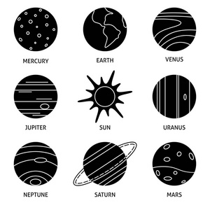 太阳细线图标太阳系行星剪影图标设置在细线样式照片