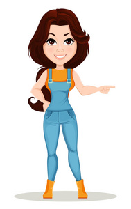 农夫女孩穿着工作服。可爱的卡通人物制作指的手势。可用于动画，作为设计要素，在任何农场的相关项目。在图层拆除。矢量
