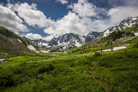 Beautfull 阳光下的 Akchan 山谷与草, 雪山下的蓝天白云