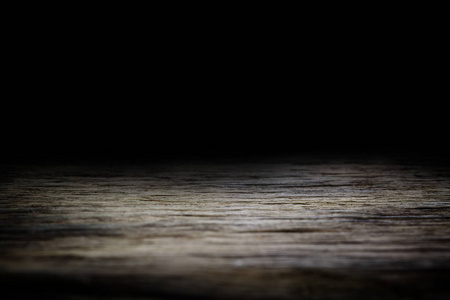 木桌和黑墙背景, 空木地板空间平台, 带库背景的产品展示