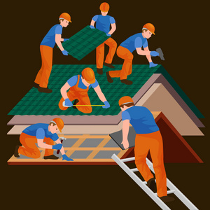 生成结构固定屋顶砖瓦房与劳动设备,用手中的工作工具的盖屋顶的人