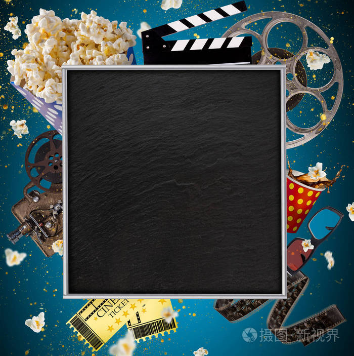 电影这个概念的老式胶片卷轴, clapperboard 和其他工具
