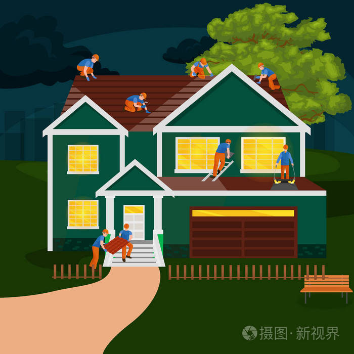 建筑工人修理屋顶回家,生成结构固定屋顶砖瓦房与劳动