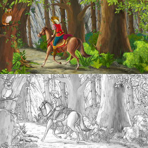 与骑士骑马穿过森林到未知与着色页插图儿童卡通场景
