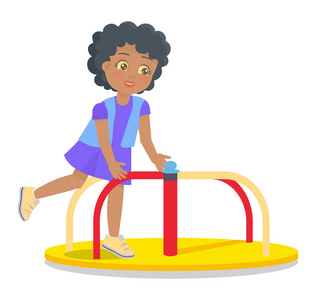 女孩旋转在旋转木马上, 彩色矢量插图环绕在白色背景下的操场上的儿童摆动旋转木马旋转木马