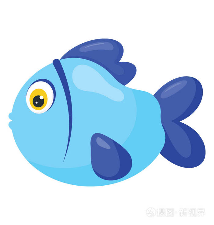 一个蓝色的彩色可爱的卡通鱼, 展示了水族馆和宠物鱼的想法