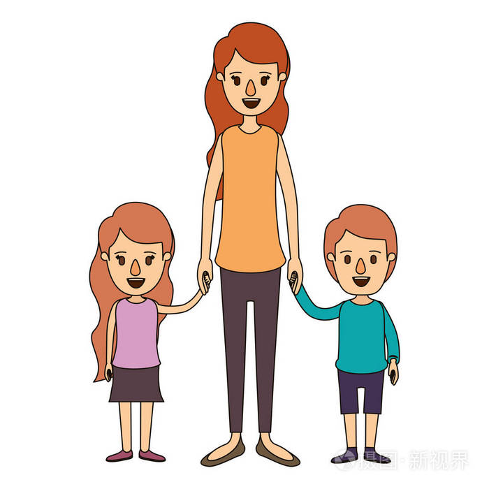 彩色图像漫画全身母亲带女孩和男孩的手