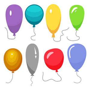 设置八个彩色气球, 其字符串在白色背景上被隔离。矢量图案