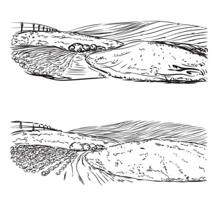 手工绘制的景观的村庄和字段