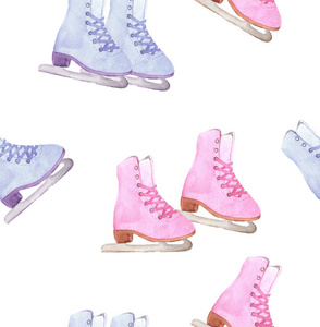水彩无缝图案与蓝色和粉红色的花样滑冰鞋, 手绘设计在白色背景