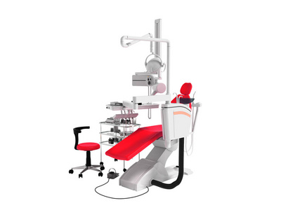 现代红色扶手椅为牙医与白色床边桌子与工具和背光为牙科工作3d 渲染白色背景无阴影