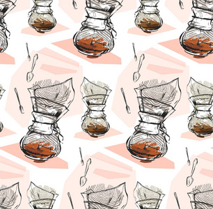 手工制作矢量抽象纹理的图示的咖啡壶和茶勺在白色背景上柔和的颜色。设计店 web 业务 装饰 时装 面料 菜单 酒吧