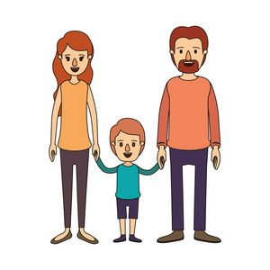 彩色图像漫画家庭与父母和采取手的小男孩