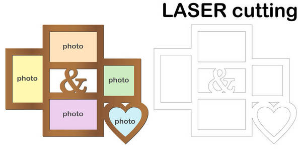 激光切割照片的框架。拼贴画的相框。模板激光切割机, 用于木材和金属。情人节或结婚日的完美礼物